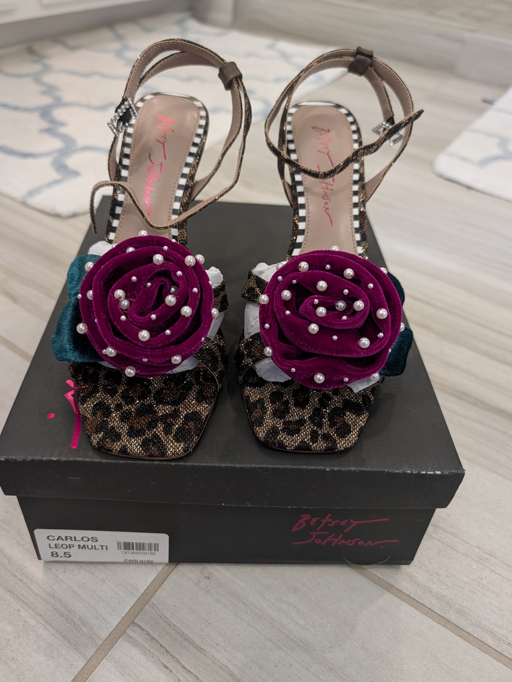 Betsey Johnson Carlos Leopard Multi Heels with Plum Rose and Pearl Accents. 8.5